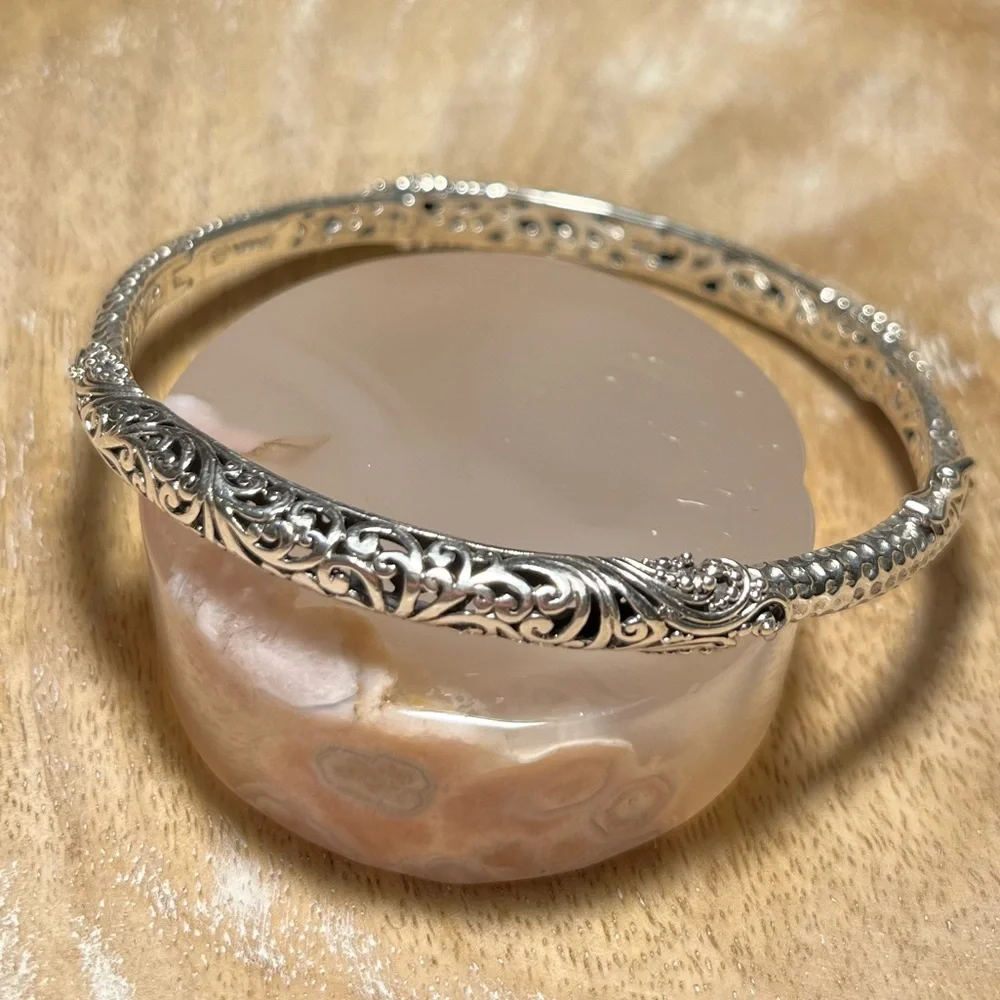 Sarda Artisan Sterling Silver Cut Out Filigree Scroll Hinged Bangle - Picture 2 of 16